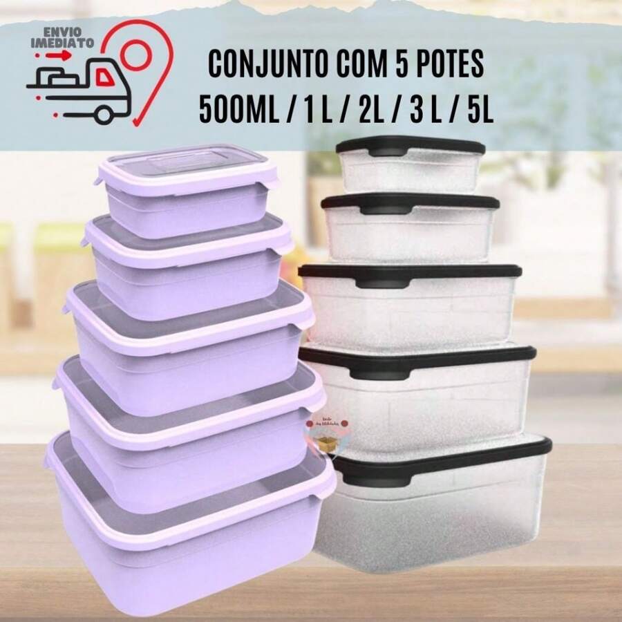 Kit Conjunto 5 Potes Tampa Emborrachada \resistente Organizador de Alimentos Porta Mantimentos Para Cozinha Cores Diversas