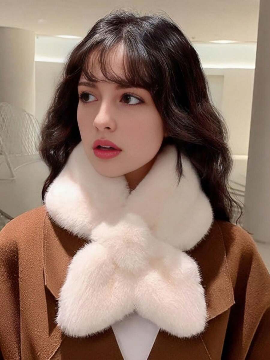 1/2pcs Women Snood Winter Solid Color Basic Neck Warmer Plush Scarf, Elegant Rabbit Fur Collar Cross Scarf, Soft And Warm Furry Scarf