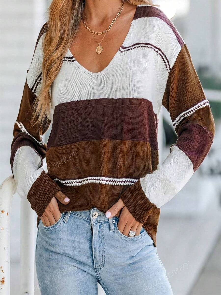 Pull surdimensionné à col en V, couleur contrastée, manches longues, décontracté