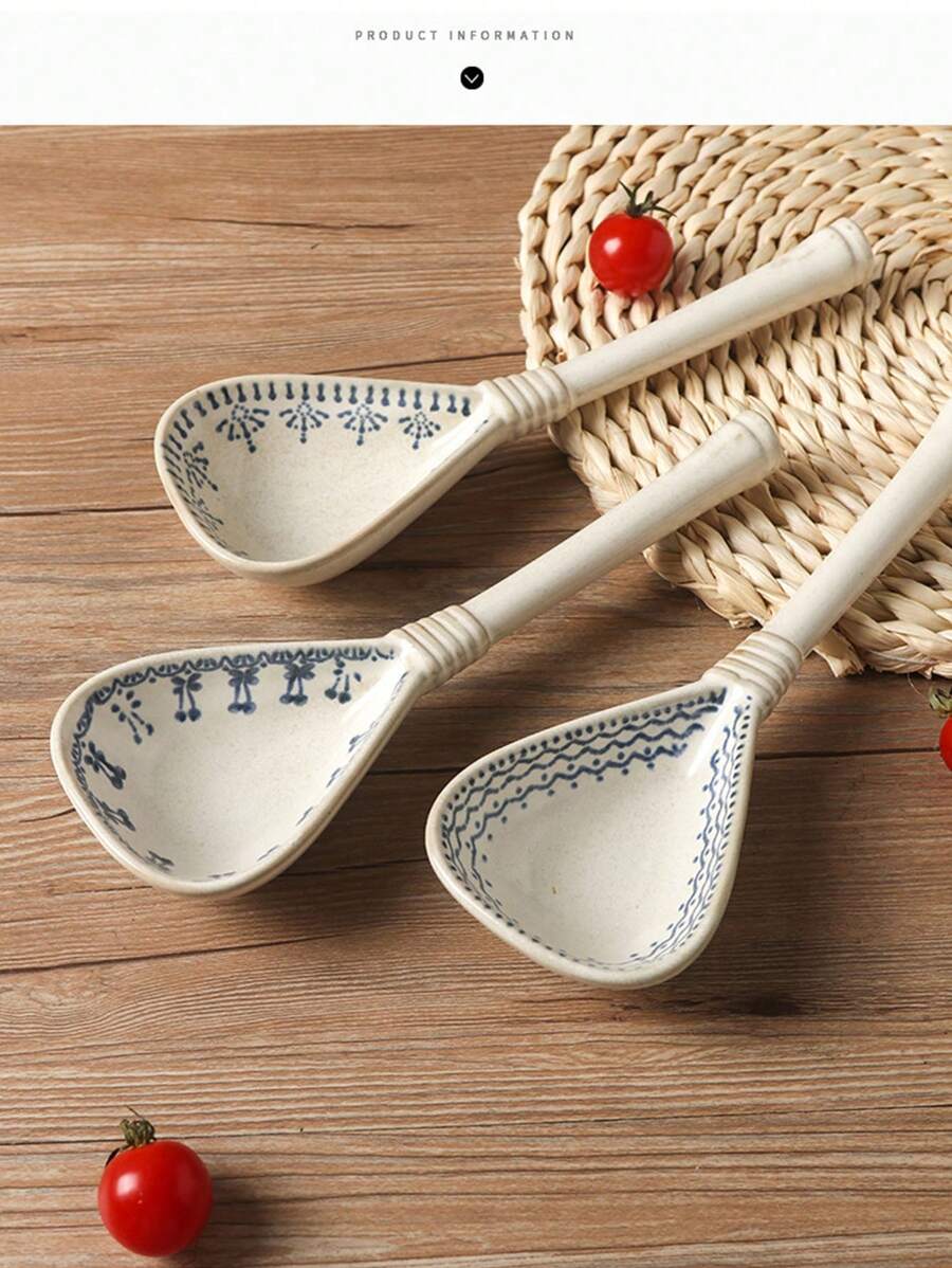 Cuchara japonesa de color azul y blanco de mango largo, cuchara pequeña de cerámica rústica, cuchara retro para beber sopa, cena, ramen, cuchara de sopa grande creativa, artículos escolares