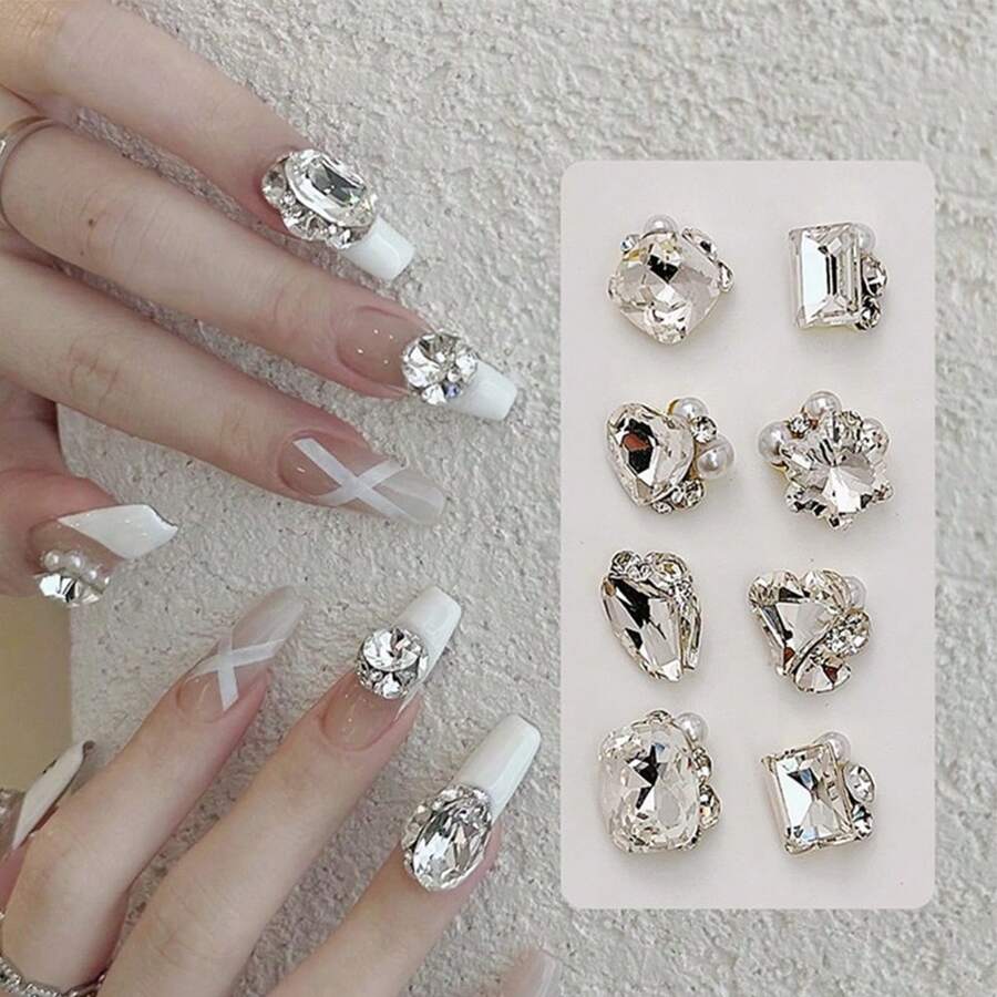 10pcs/30pcs/50pcs Pre-Made Mix Shape Nail Art Gems With Crystal & Pearl Decor, For Diy Nail Art Decoration Nail Charms Nail Supplies