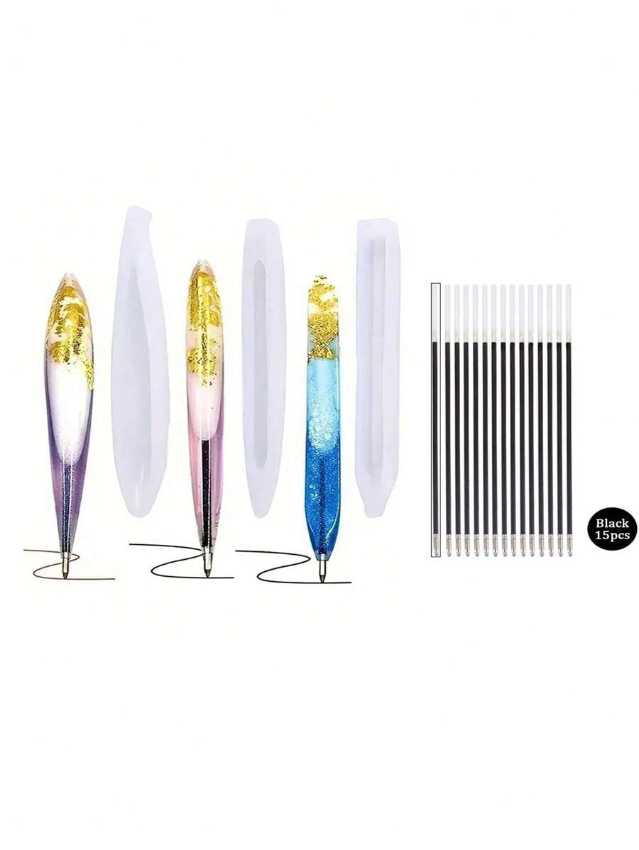 Set de 18 moldes de silicona transparentes y circulares con 3 moldes, que incluye 15 recambios de bolígrafos negros, para hacer bolígrafos DIY, moldeado de resina epoxi, joyería y artesanías de moldes de cristal