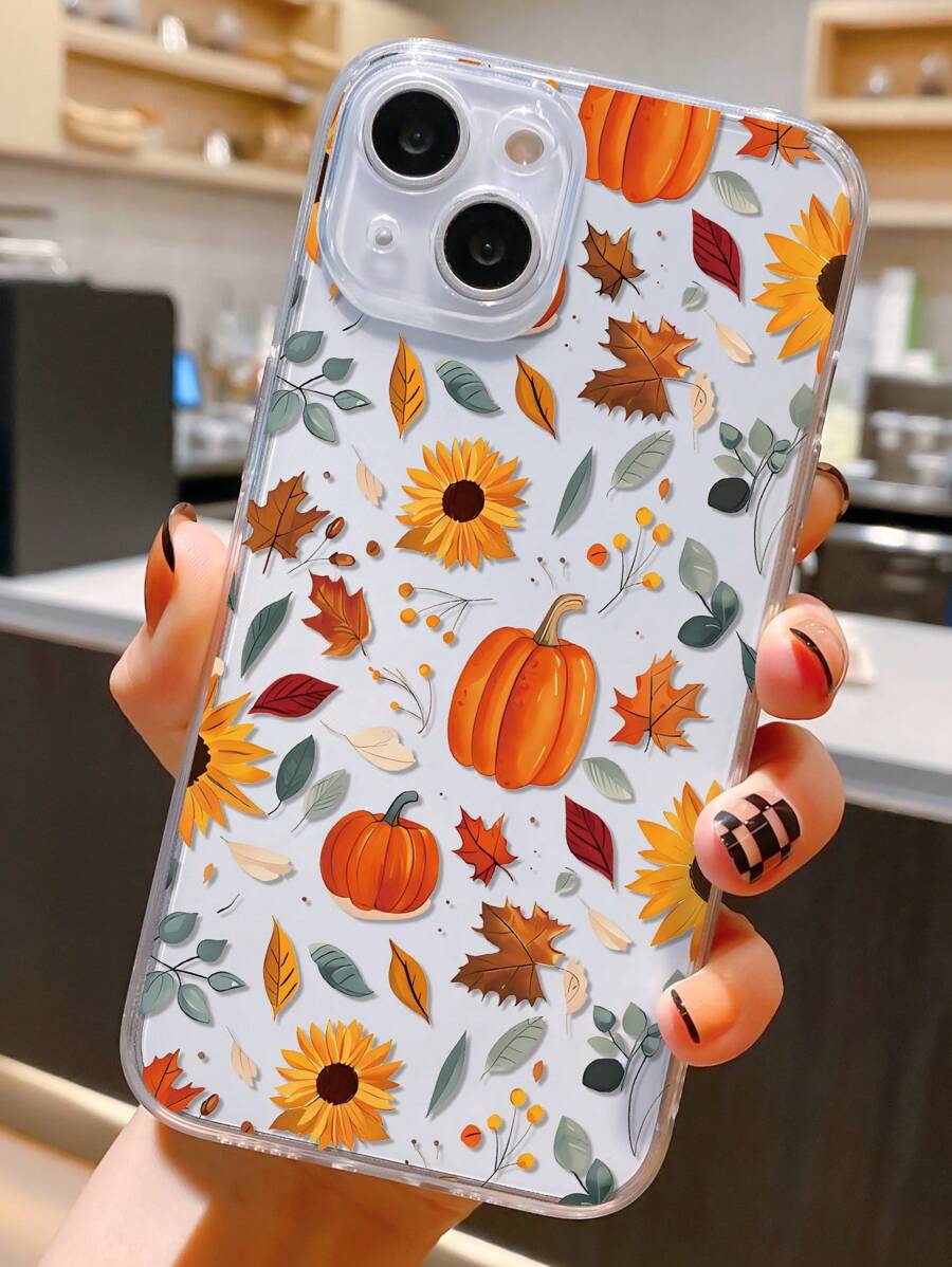 1pc Autumn Leaf & Pumpkin Pattern Transparent TPU Anti-Drop Anti-Fingerprint Phone Case Compatible With Iphone