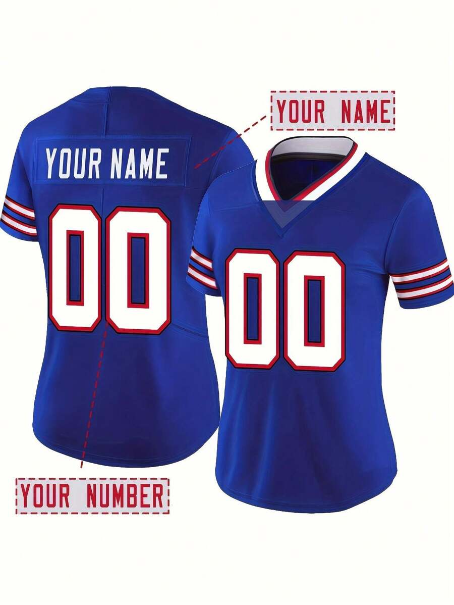 Camisa de béisbol de mujer con bordado personalizado de nombre y número, con cuello en V azul búfalo, manga corta, abotonada, personalizada para fiestas, entrenamientos, competiciones y deportes, tallas S-XXL, DIY
