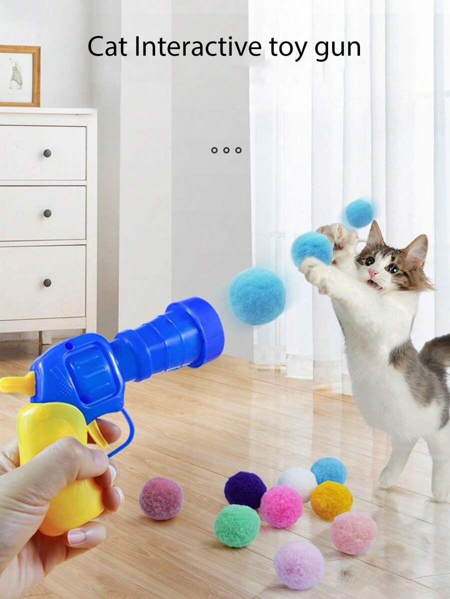 CAT Pom-Poms Launcher Toys, Random Color Cat Pom-Poms Self-Hi Toys, Pet Interactive Launch Pom-Poms Toy Gun 1pc