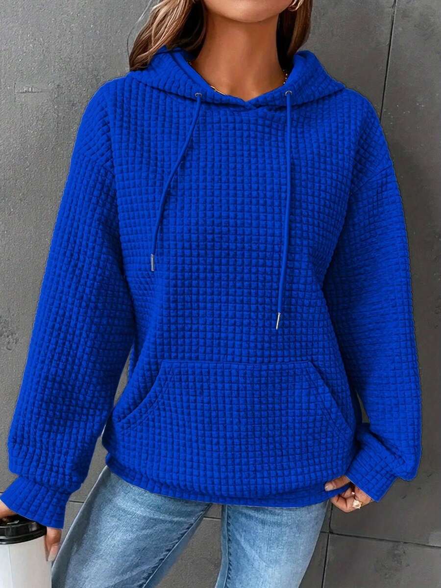 Plus Size Women Fashion Loose Simple Solid Color Jacquard Knit Hoodie Sweatshirt