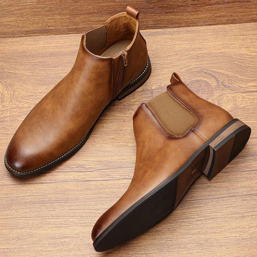 Men's Chelsea Boots, Business Commuting, Side Zipper, Rubber Wooden Heel, Distressed Dual-Tone Uppers, Classic Retro Ankle Boots