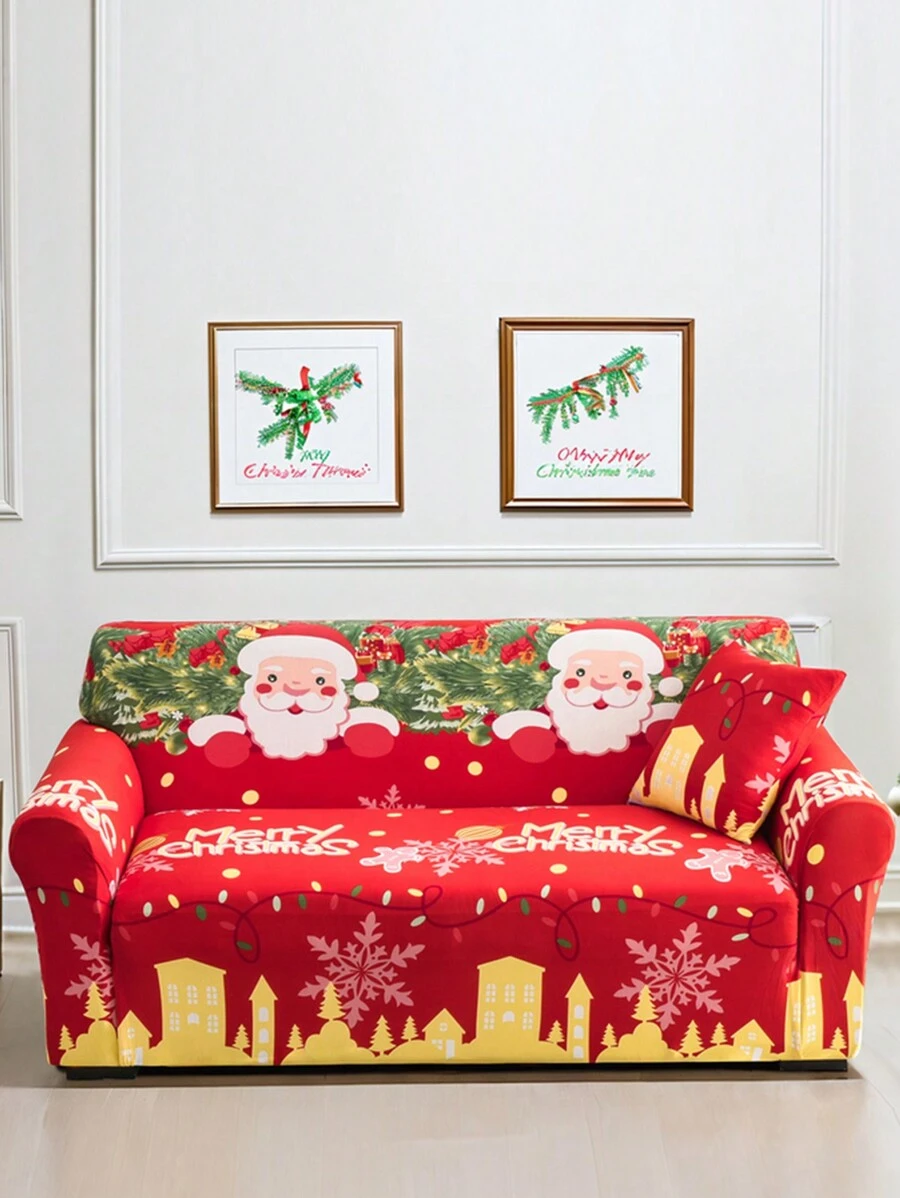 1pc Christmas Cartoon Graphic Sofa Slipcover & 1pc Pillowcase Without Filler