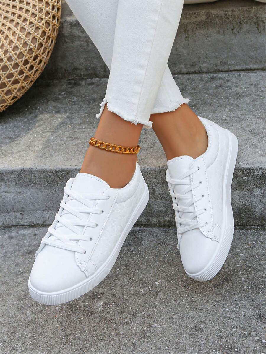 Plus Size Damskie Studenckie Modne Buty Do Jazdy Na Łyżwo, Wygodne Płaskie Sportowe Trampki, Nowe Białe Sznurowane Buty Szkolne, Płaskie Antypoślizgowe Casualowe Oddychające Duży Rozmiar