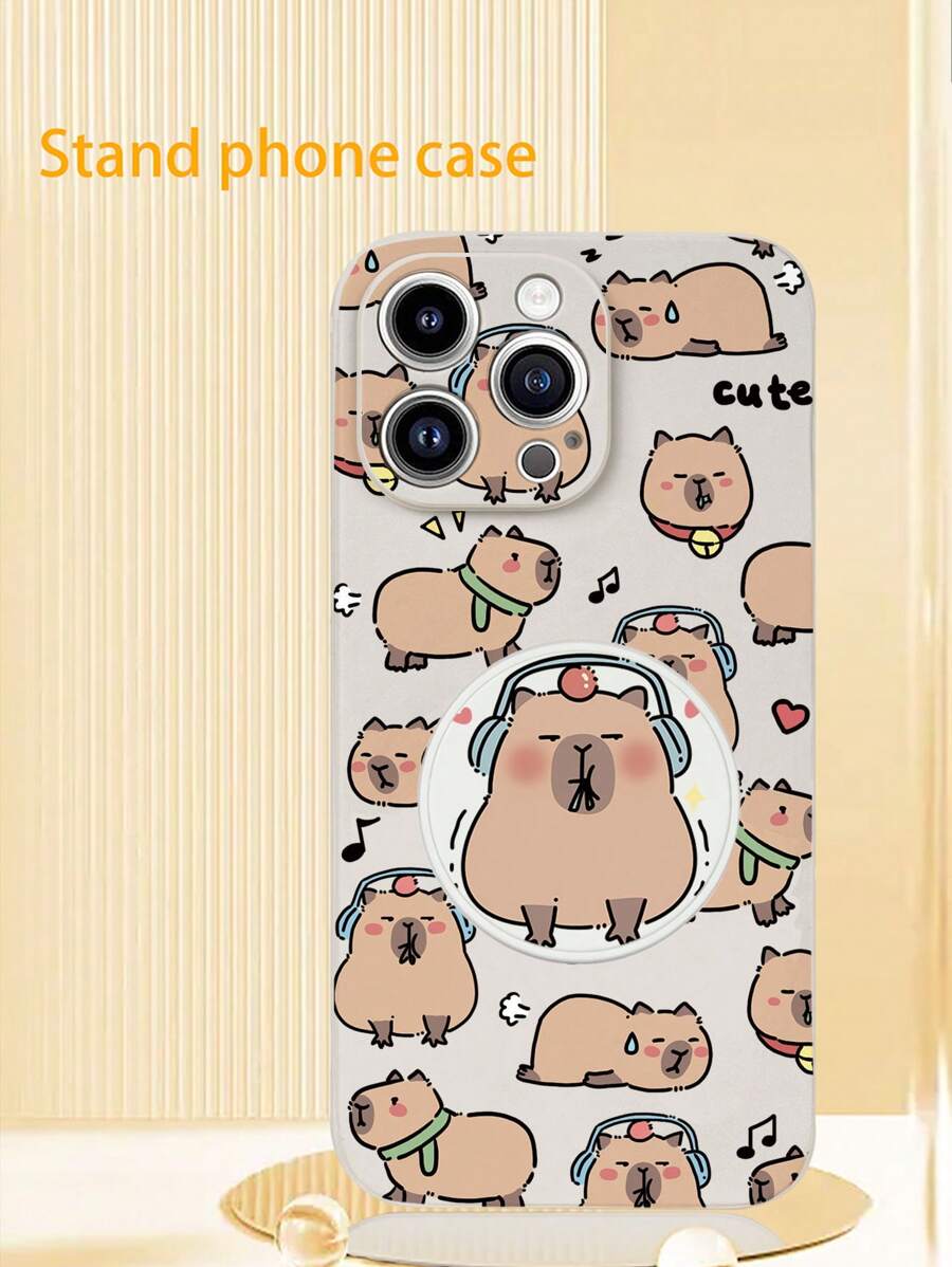 1 Stück Weiße TPU Cartoon Capybara Muster Stoßfeste Handyhülle & 1 Stück Cartoon Capybara Muster PC 360° drehbarer und faltbarer Handyhalter, kompatibel mit iPhone/Samsung/Xiaomi/OPPO Smartphones
