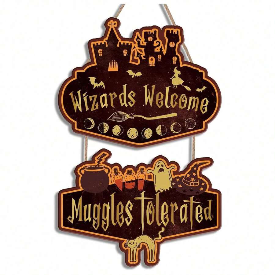 Señal "Bienvenidos magos, tolerados los muggles" para decoración de habitación de niños, divertida señal de bienvenida para porche delantero, decoraciones de puerta para fiesta de Halloween, letrero de madera, suministros para fiesta de magos y brujas colgantes