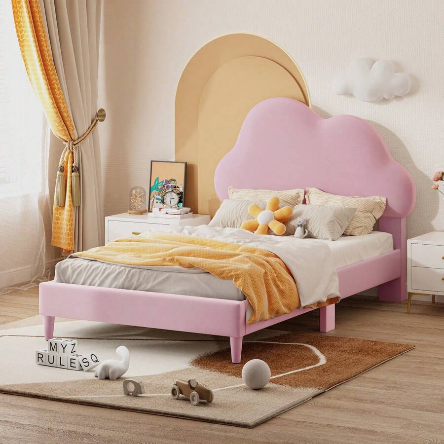 Twin Size Upholstered Cloud-Shape Bed ,Velvet Platform Bed With Headboard,No Box-Spring Needed,Pink