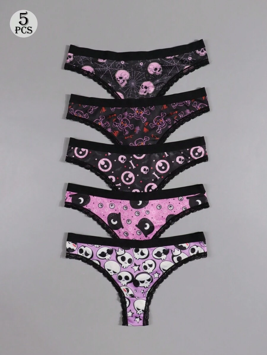 Dircho 5 piezas de sexys y lindos tangas góticos de encaje con contrastes, ropa interior y lencería de mujer cómoda y sedosa con estampado por todo el diseño de ojos, calaveras y estrellas en colores rosa, rojo y negro para Halloween