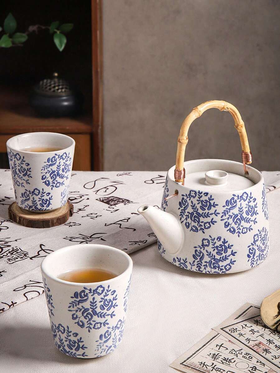 Juego de 5 piezas: Tetera estilo japonés pintada a mano, hervidor de agua fría doméstico, tetera de cerámica vintage para infusión de té de colores vivos, tazas de té - Vuelta al colegio