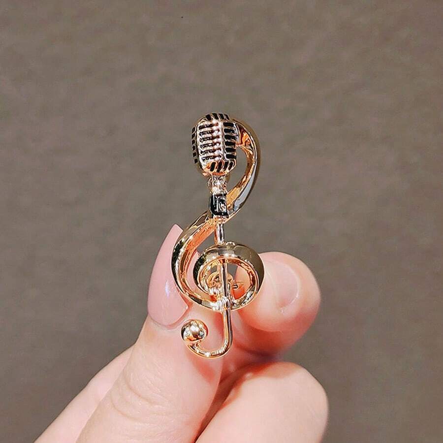 1pc Metal Microphone Shape Brooch, Fashionable Music Note Design, Suitable For Daily Wear On Sweater Or Suit Dress Accessories Pin For Clothes Bag Charm School