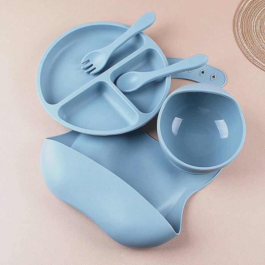 Set da 5 pezzi di stoviglie in silicone per bambini, prodotti per lo svezzamento, set di alimentazione in silicone per bambini, piatto con ventosa e scomparti, bavaglino regolabile, cucchiaio e forchetta morbidi, utensili per l'alimentazione autonoma di neonati e bambini