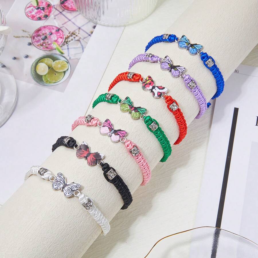 1/7 piezas Pulsera tejida de mariposa colorida de moda, joyería de aleación de estilo bohemio, regalo exquisito, apto para hombres y mujeres, pulsera casual diaria, accesorio de playa de verano, regalo de amistad