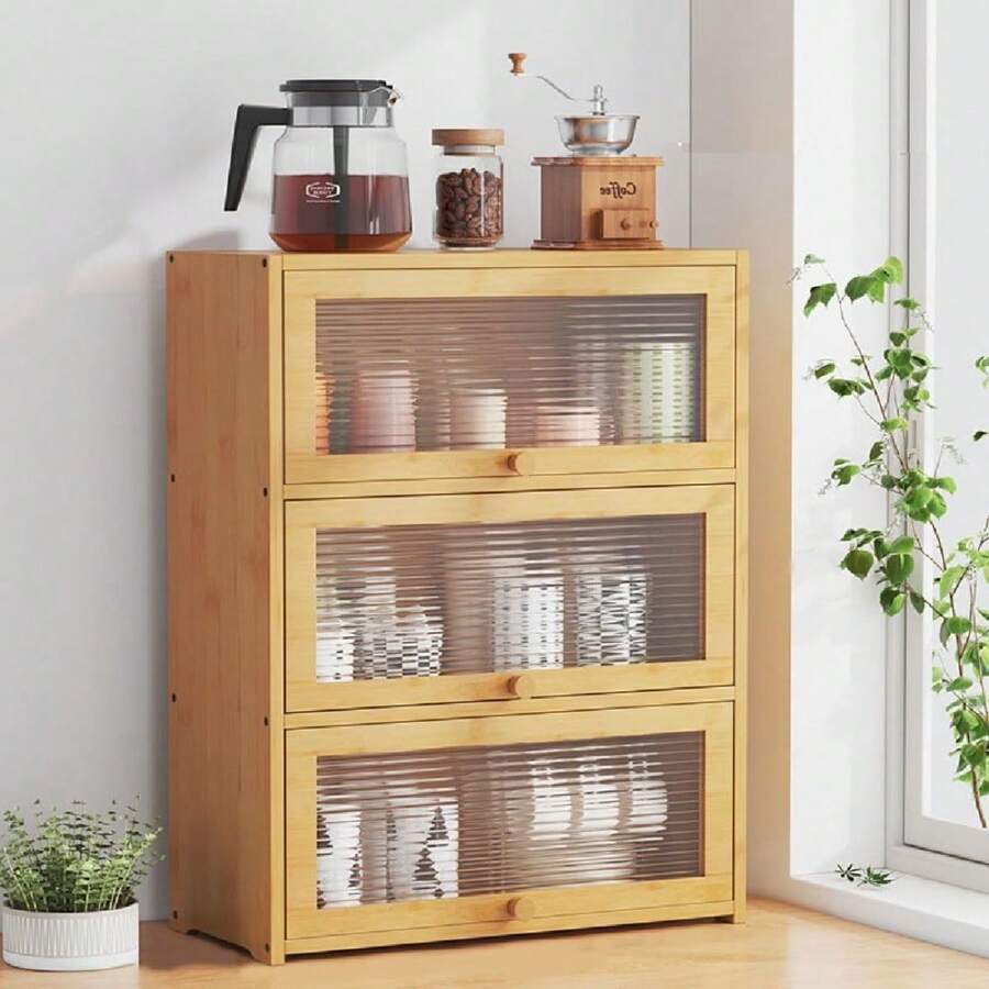 3 Tiers Bamboo Storage Cabinet For Kitchen Countertop, Freestanding Pantry Cabinet With Clear Acrylic Flip-Up Door Organizer Shelf For Spice Seasoning Bowl Cup Bottle
