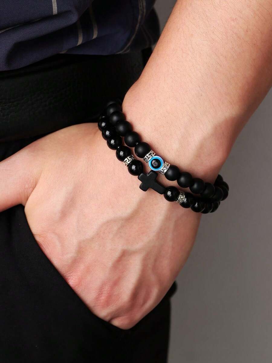 2 piezas Conjunto de pulseras elásticas con diseño de cruz negro y blanco para hombres