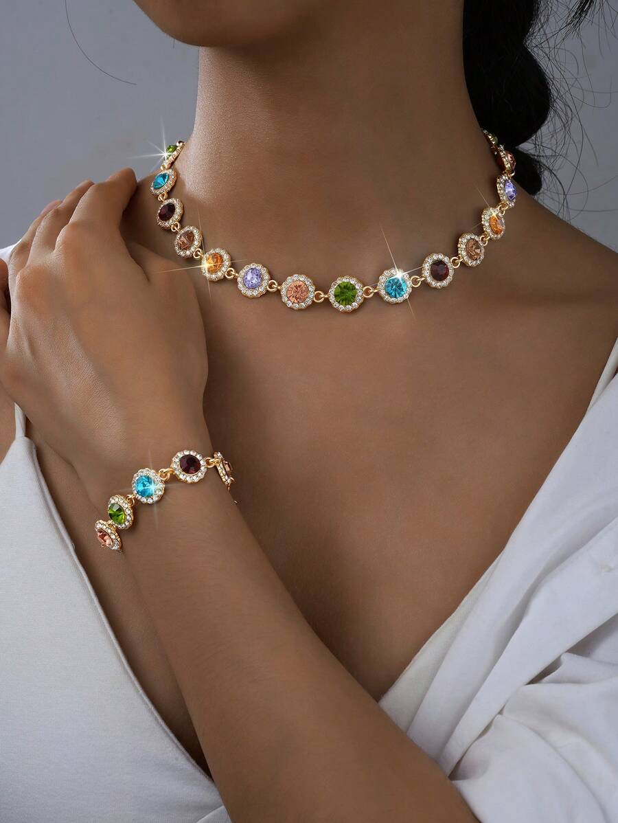 2pcs Women's Stylish Minimalist Colorful Cubic Zirconia Stone Necklace And Bracelet Jewelry Set, For Dates, Parties, Anniversaries, Birthdays