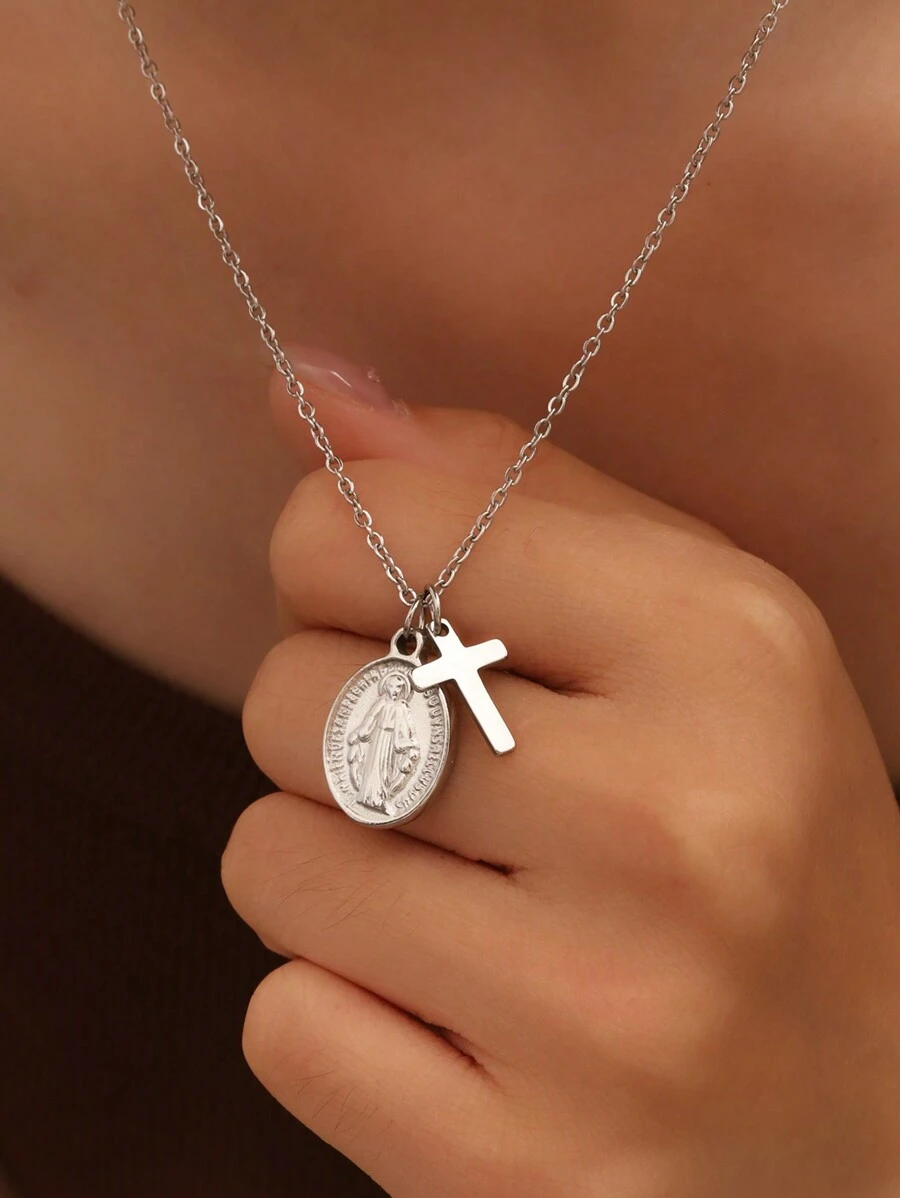 1 pieza Collar de acero inoxidable de moda para mujer con colgante minimalista premium de acero inoxidable con la Virgen María y una cruz, para uso diario