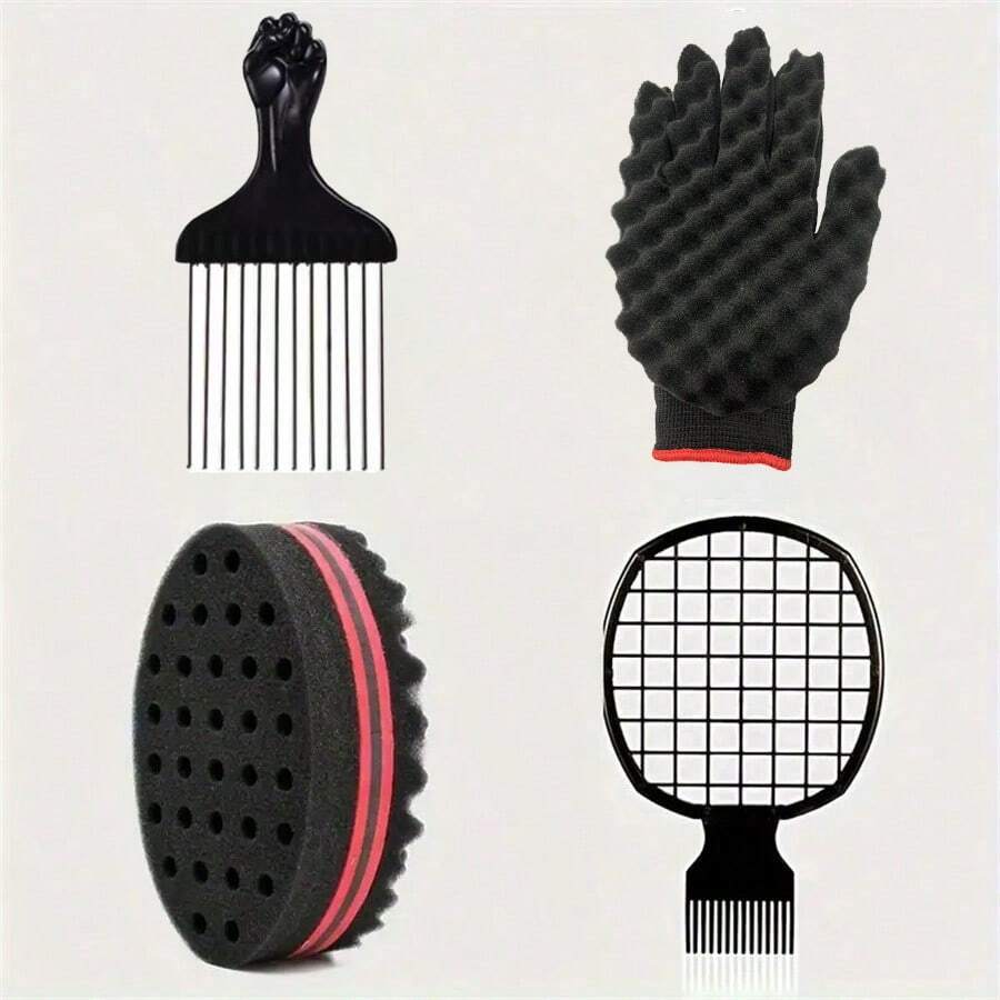 4 Pcs/Set Hair Sponge Set, Curly Hair Sponge Gloves, Metallic Hair Comb, Curly Hair Comb, Barber Salon Daily Use Of Oil Tinfoil Hair Comb Set Pink Accessories Sponge Hair Men ,Barber, Men Accessories