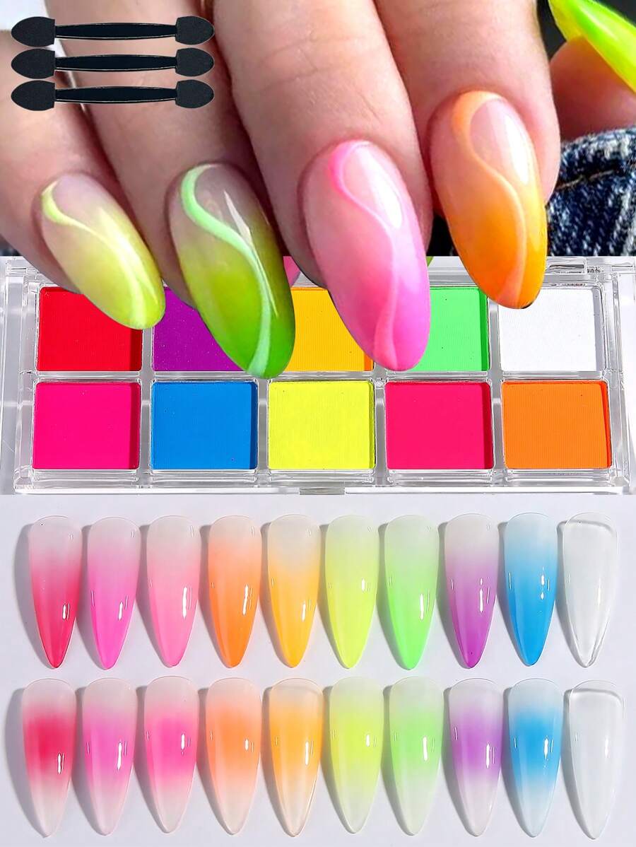 10 Colors Gradient Powder Solid Magic Mirror Glitter Y2K Nail Art Pat Powder Set Chrome Pigment Professional Salon Rubbing Ombre Dust,Neon Color Solid Gradient Powder Rainbow High Saturation Blush Effect Chrome Nail Powder DIY Rubbing Ombre Manicure Dust Matching Eyeshadow Brush
