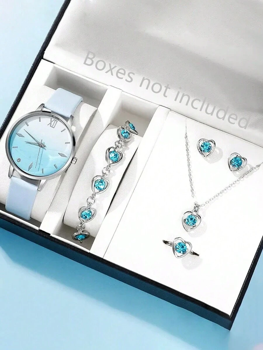 6pcs/Set, Women's Watch, Fashionable Women's Minimalist Watch, Blue Rhinestone Quartz Watch, Leather Strap, Women's Bracelet Watch Set Gift, Necklace, Ring, Earring, Bracelet, Suitable For Daily Wear, Gift