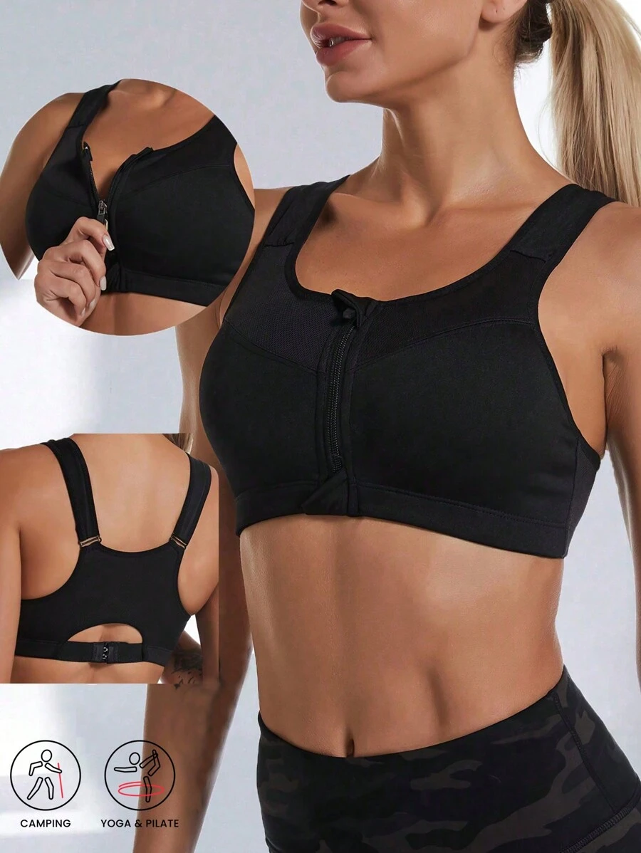 Women's Zip Front Sports Gym Bra Shockproof High Support Workout Tank Top Adjustable Straps Non Wired Running Yoga Fitness Vest