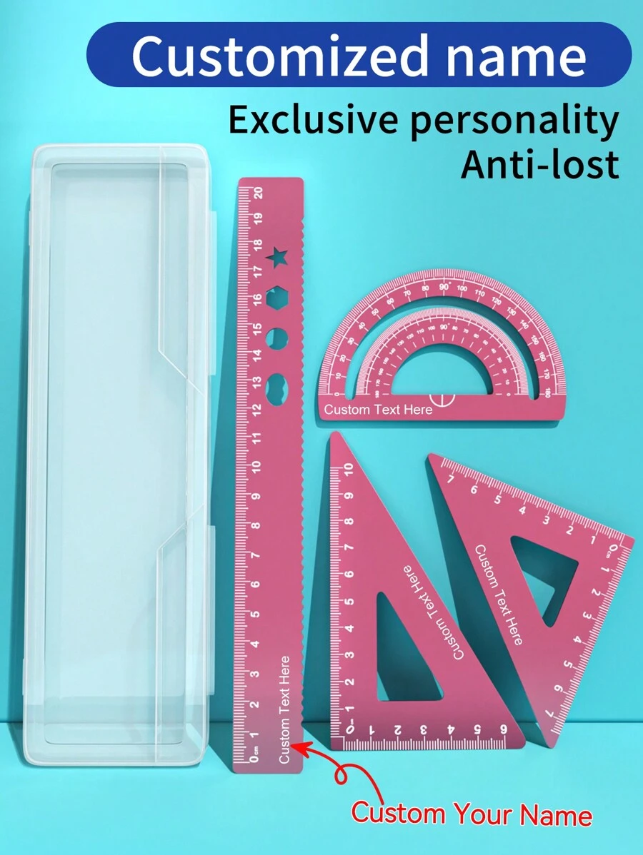 4pcs/Set Customized Aluminum Triangle Ruler, Wavy Ruler, Protractor, 15cm/20cm Metal Ruler Set, Engraved Name, Measurement Tools, Great For Drawing, Painting, School, Home Use - Wonderful Back To School Gift