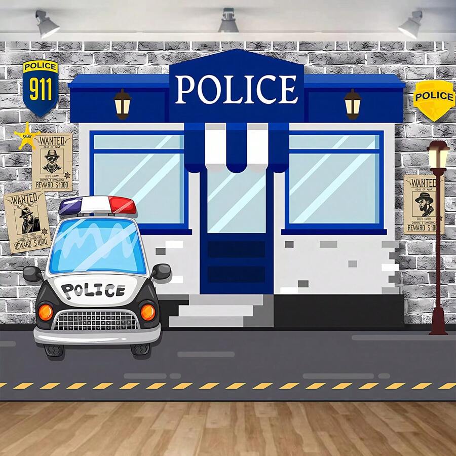 1pc Blue Police Station Themed 1st Birthday Photography Backdrop Cloth,Christmas