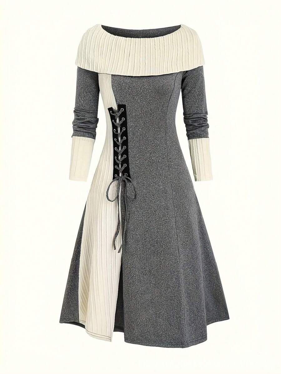Women Knitted Casual Tie Decor Patchwork Fashion Midi Dress