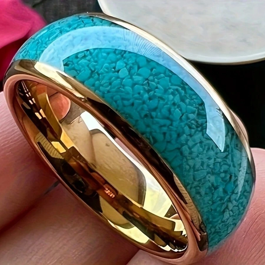 Fashionable And Luxurious Men's And Women's 8mm Golden Stainless Steel Wedding Engagement Ring, Imitation Turquoise Inlaid Ring, Dome Ring, Best Holiday Gift Ring Jewelry