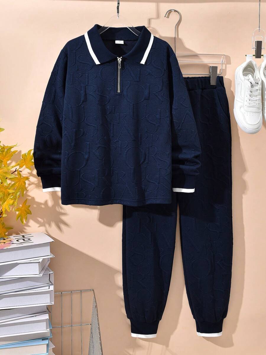 Vihyde 2pcs/Set Boys Vintage Zip Collar Long Sleeve Polo Shirt & Cuffed Pants