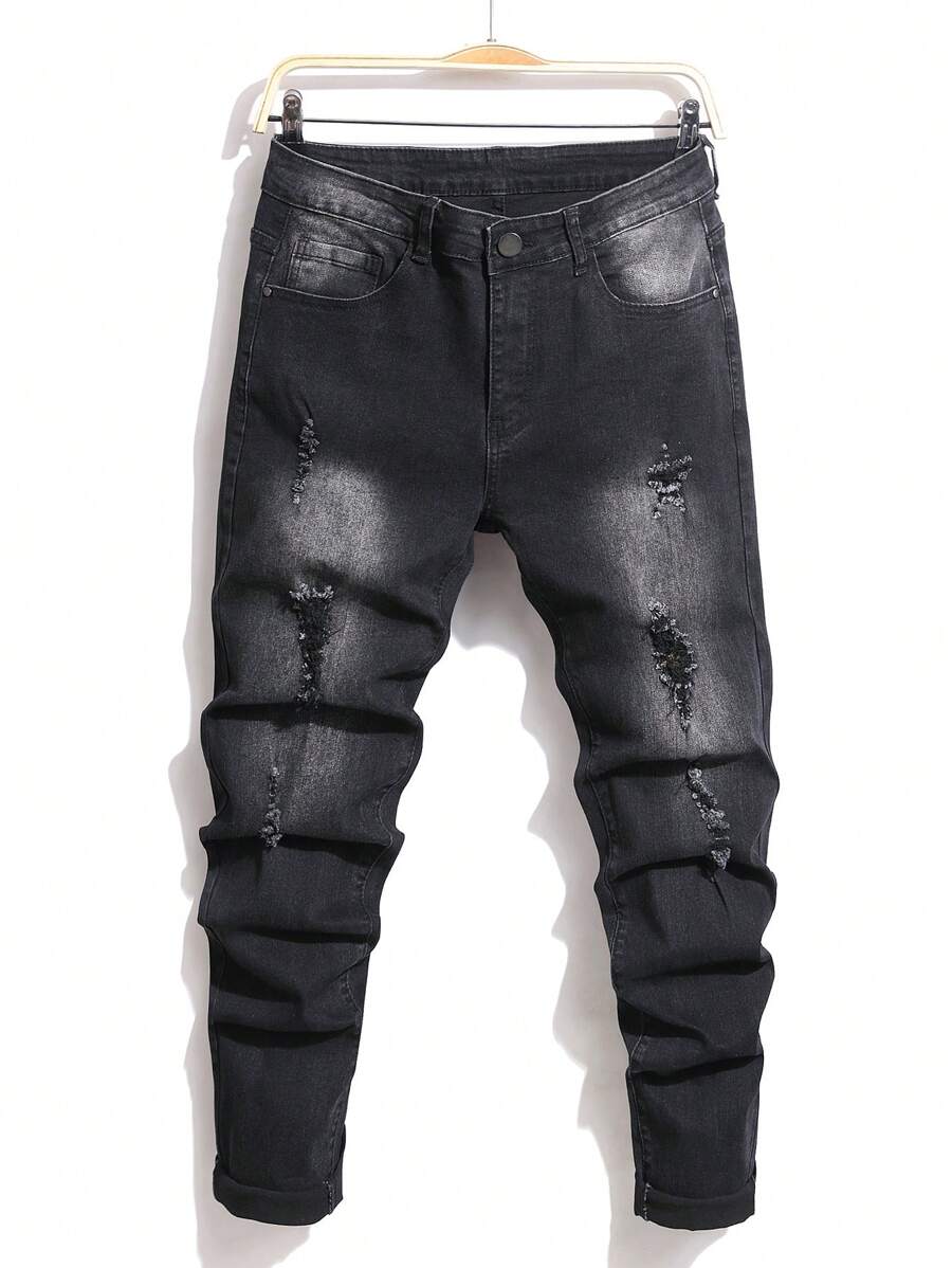 Men Ripped Frayed Bleach Wash Jeans