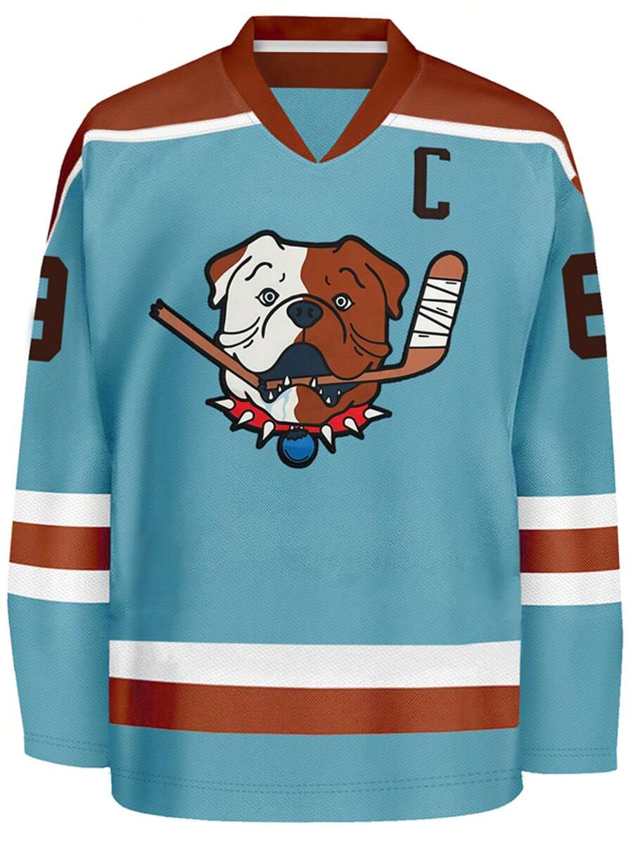 Maglietta a maniche lunghe stile boyfriend da uomo, con numero 69, con scollo a V, ricamo e cucitura, ideale per partite di hockey e occasioni casual