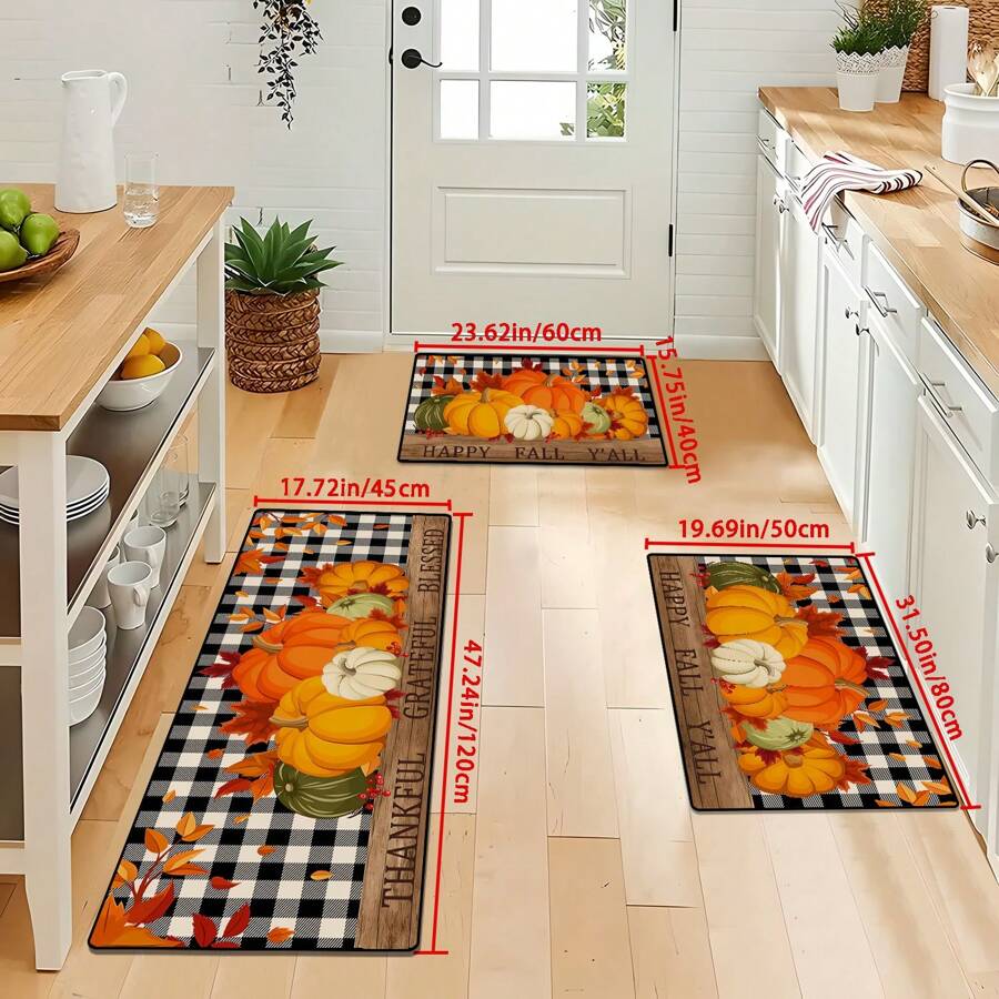 1pc Autumn Pumpkin Print Carpet, Thanksgiving Pumpkin & Maple Leaf Checkered Rug For Kitchen, Living Room, Entryway, Decorative Machine Washable Non-Slip Floor Mat, Great Fall Gift For Family & Friends