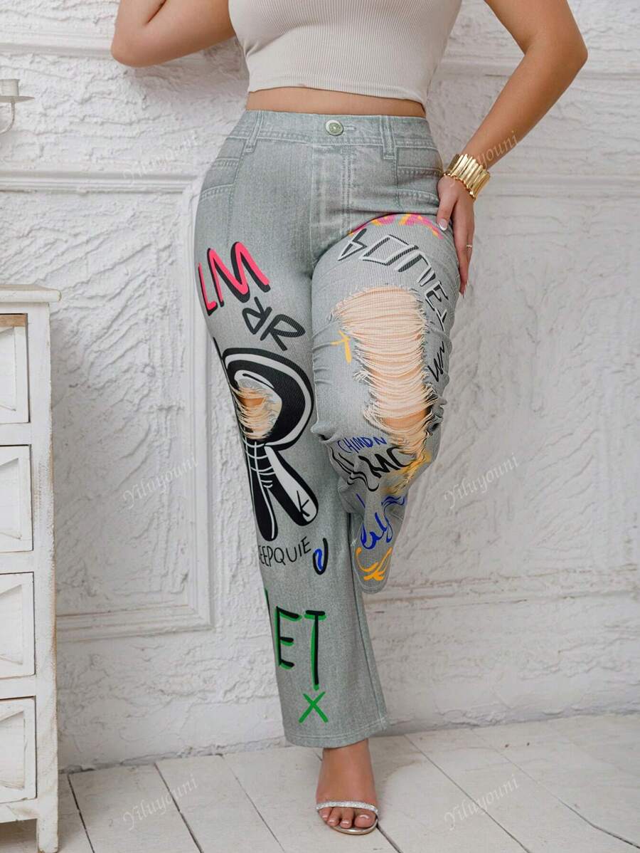 Plus Size Straight-Leg Jeans Style Trousers With Print, Graffiti, Holes, Letter Pattern, Casual Fashion Stretch Pants For Women