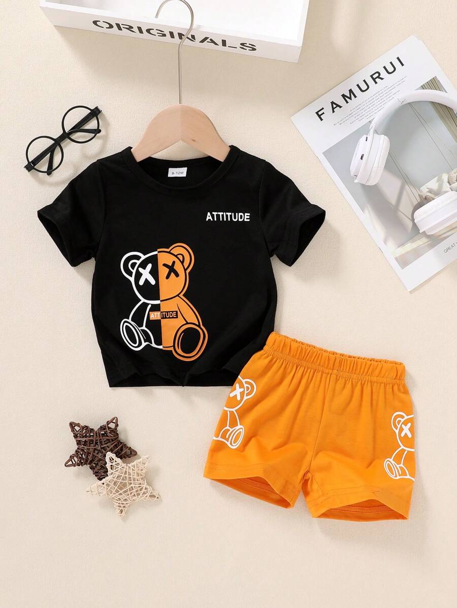 2pcs Baby Boy Soft Comfy Cartoon Bear Letter Print T-Shirt And Sporty Shorts Set, Casual Everyday Wear & Holiday Outfits, Spring/Summer