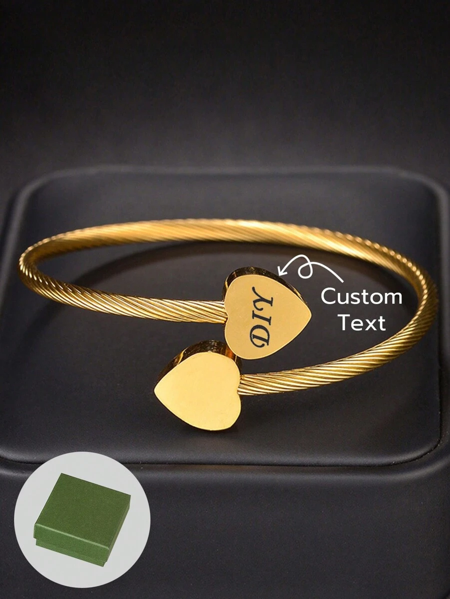 1pc New Stainless Steel Wire Double Heart Bracelet Personalized DIY Letter Name Opening Adjustable Bracelet, Double Heart Can Be Customized, Electroplated 18k Gold Stainless Steel, Gifted With High-End Boutique Gift Box, For Friends, Relatives, Family, Couples, Holiday Gifts