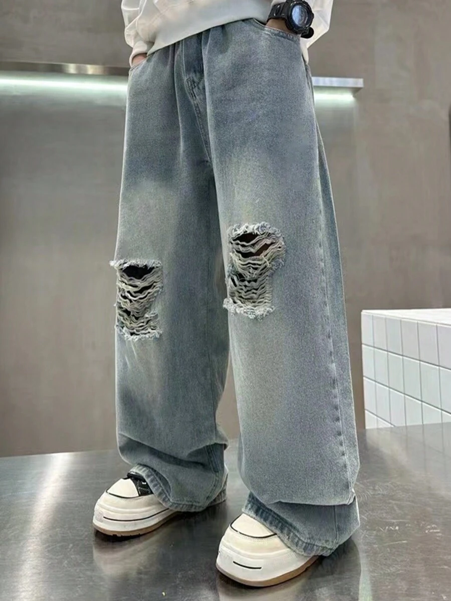 Gerade geschnittene zerrissene gewaschene Denim für Teenager-Jungen, locker sitzende Hosen mit weitem Bein