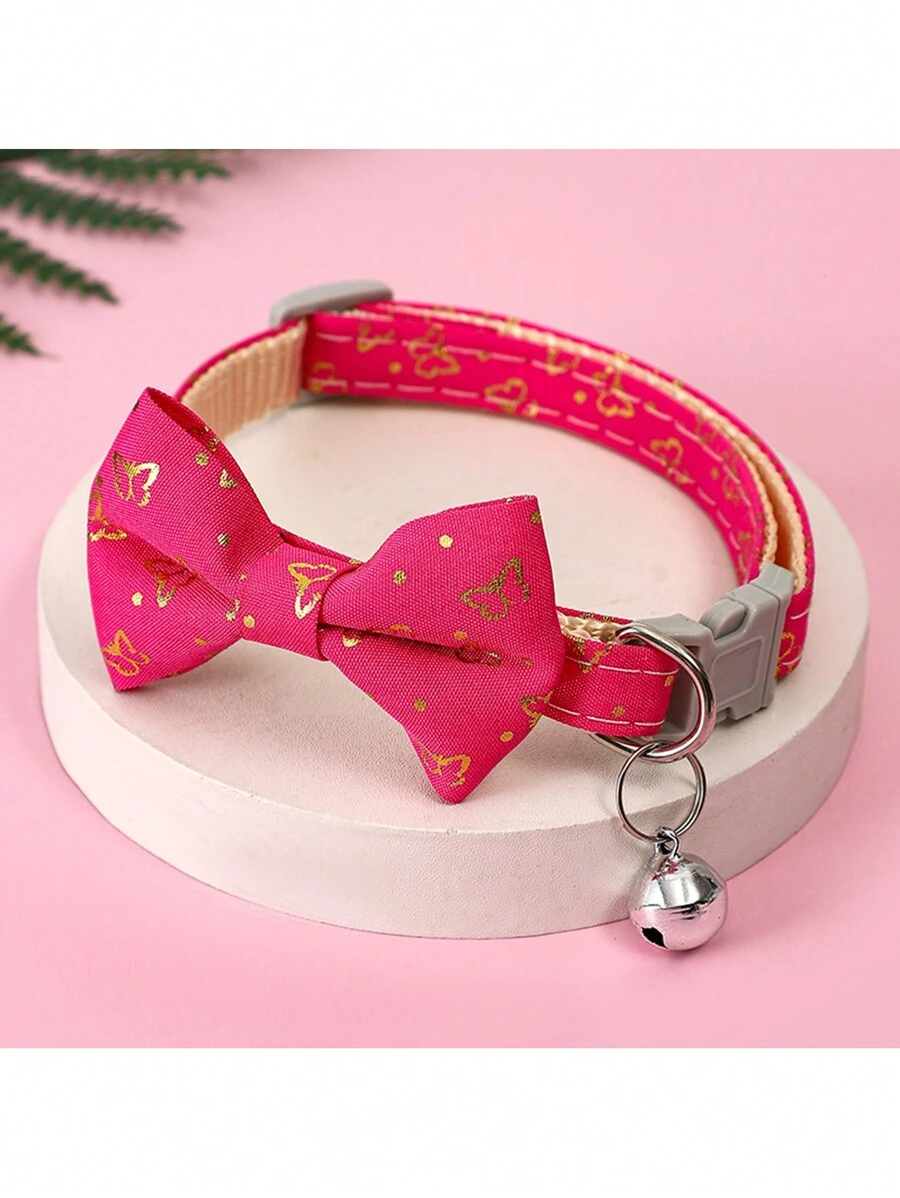1pc Rose Red Polyester Butterfly Foil Bow Tie Pet Collar With Detachable Bell, Suitable For Cats And Small Dogs Indoor And Outdoor Use