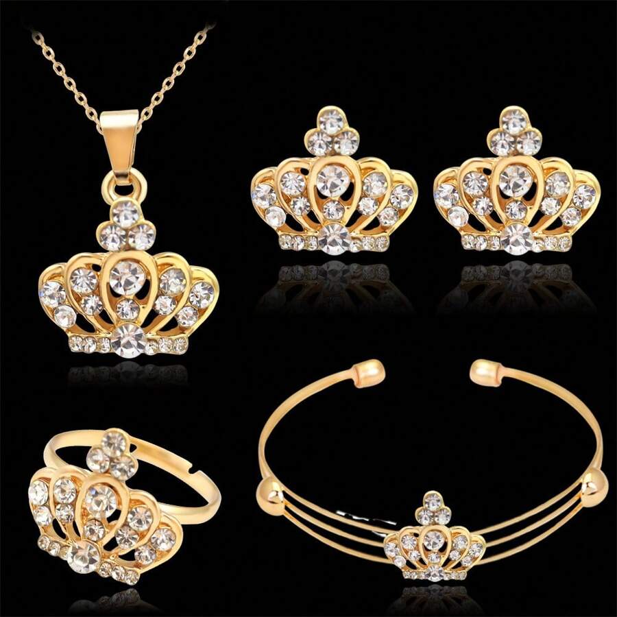 Set de 5 piezas de joyería con collar, aretes, anillo y brazalete de corona de moda, accesorio elegante y personalizado de alta gama, mejor regalo para uso diario, fiestas y cumpleaños, unisex