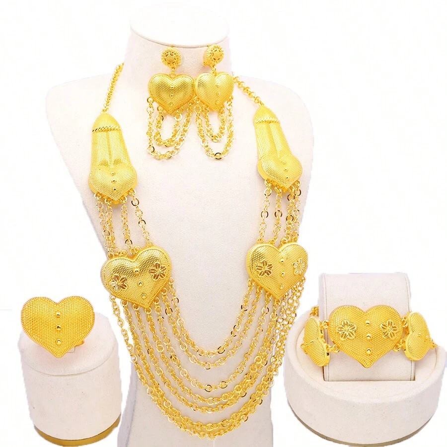 1 Set (2 piezas de pendientes + 1 pieza de anillo + 1 pieza de anillo de nudillo + 1 pieza de collar) Set de joyería nupcial con estilo exagerado de Oriente Medio chapado en oro de 24K para mujeres