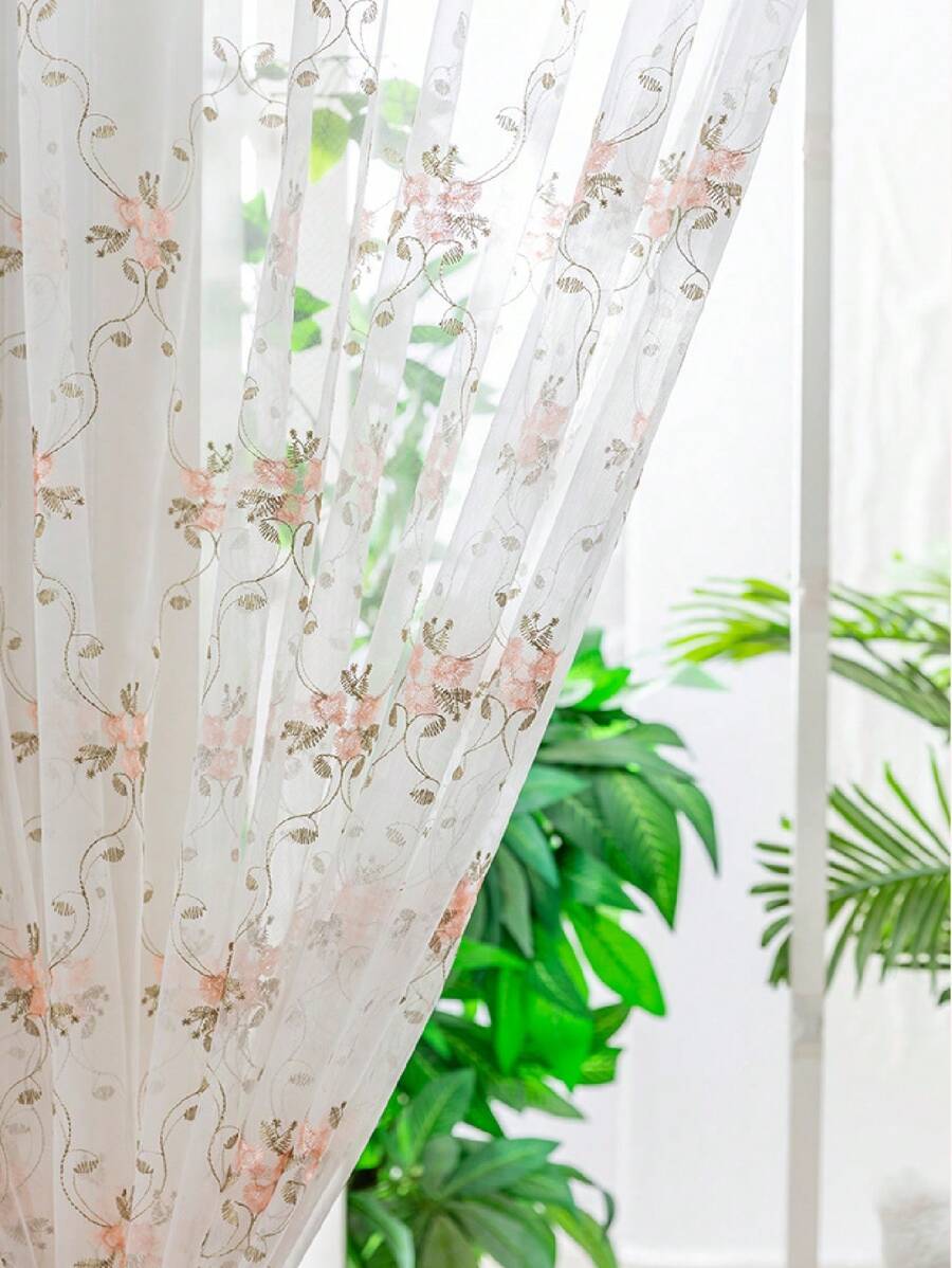 1pc Perforated Fresh Ditsy Floral Embroidered Sheer Curtain For Bedroom/Living Room, Pink