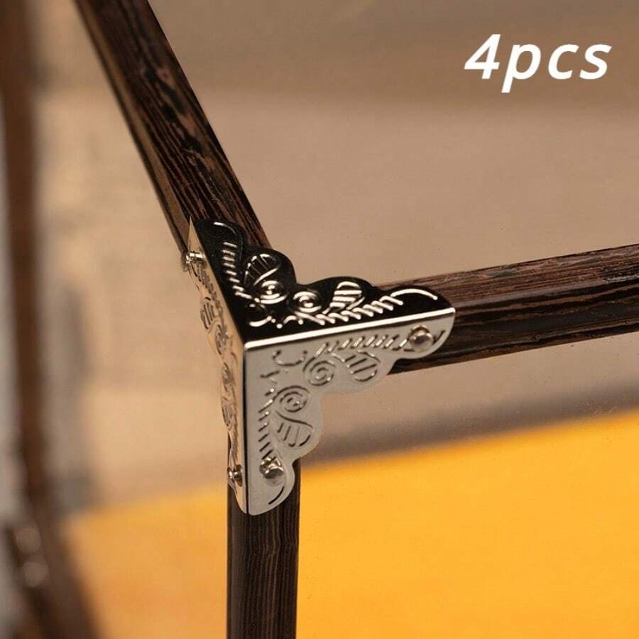 4 Packs Vintage Silvery Horn Flower Corner Protectors For Wooden Boxes - Latex-Free, Antique Finish Hardware