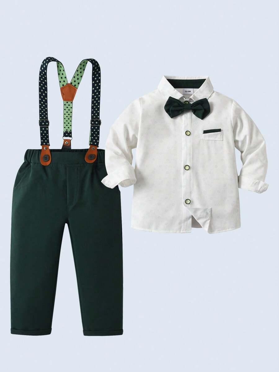 BOARNSEORL 2 peças de roupa de cavalheiro para meninos - camisa de manga comprida com gravata borboleta e macacão, terno formal da moda para festa de aniversário, casamento, aniversário