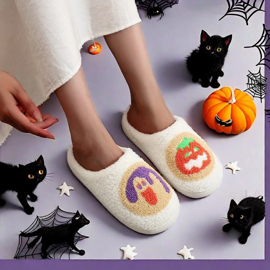 Pantuflas de peluche con estilo vintage, bordado adorable de dulces, galletas, calabaza y fantasma de Halloween, para uso unisex, regalo festivo