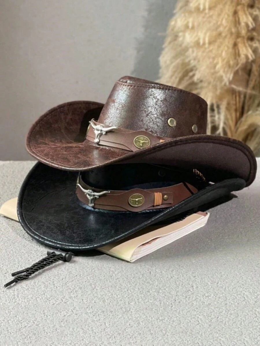 1 pièce Chapeau de soleil avec ceinture et décoration à rivets, casquette de jazz unisexe pour les activités de plein air au printemps, en été et en automne. Chapeau à large bord et style de cow-boy occidental