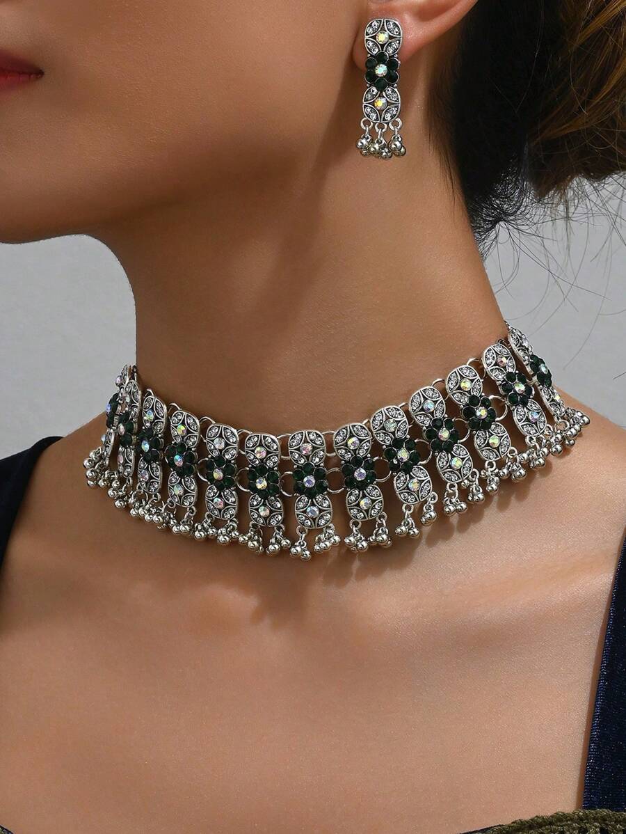 1 Set de Collar de declaración de flor 3D de estilo vintage inspirado en Oriente Medio con strass y pendientes a juego con colgantes de strass para mujeres
